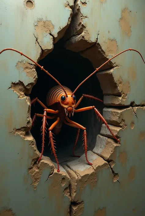  A focus on the details of cockroach legs coming out of a crack,  while the wall is stained and surrounded by dirt , creating a ...