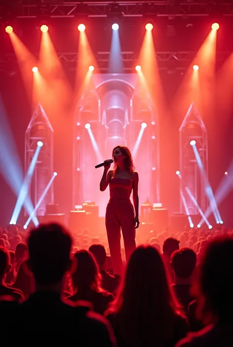 singing girl at a consert stage holding microphone