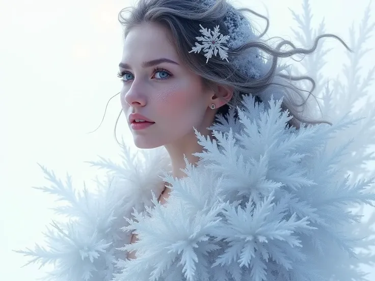 (masterpiece, best quality: 1.4), airbrushed image of a womans full body view, enveloped in sparkling ice crystals, frost, froze...