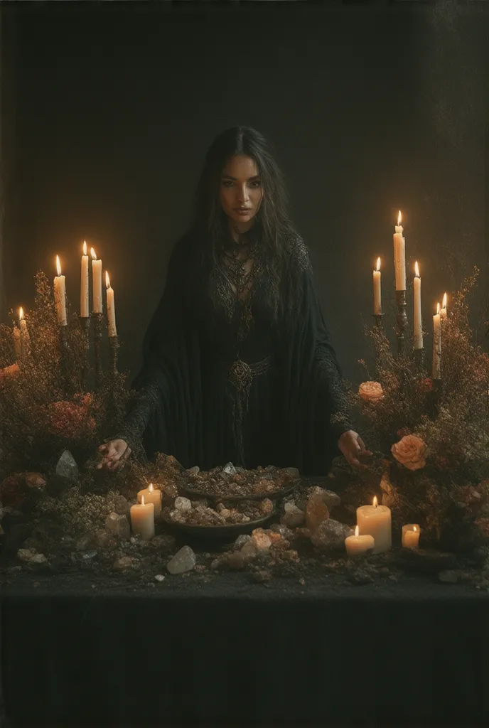 a witch with an altar and candles and crystals and flowers , realistic, fire