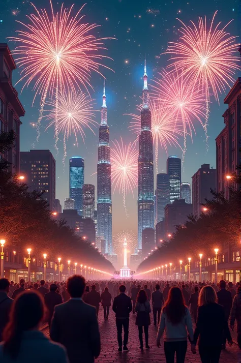 (( new year)), celebration, happy, city, count down, sky line,crownded towers, ((colorfull)),((people)), down town