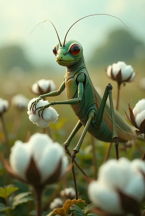 a grasshopper with humanoid features that stands on 2 legs while harvesting cotton