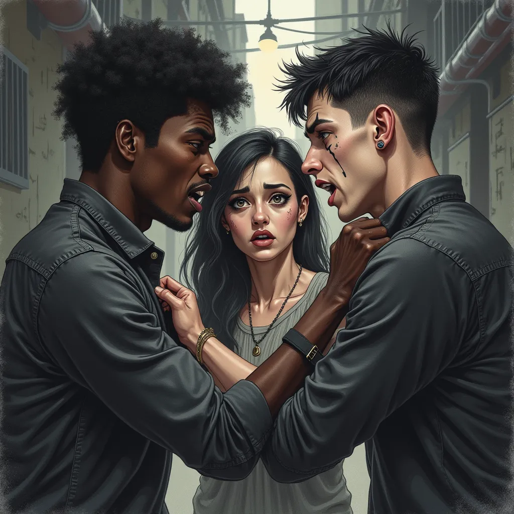 create in a pencil drawing in color style a dramatic and emotionally charged image featuring shawn, faith, and kenneth in a heat...