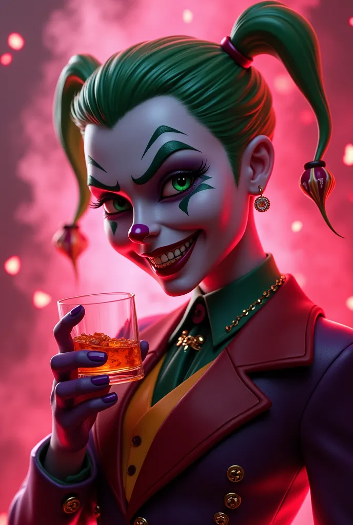 create an image or a poster in the  "disney pixar"  style with the joker glowing with smoke ,  holding a johnny walker whiskey g...