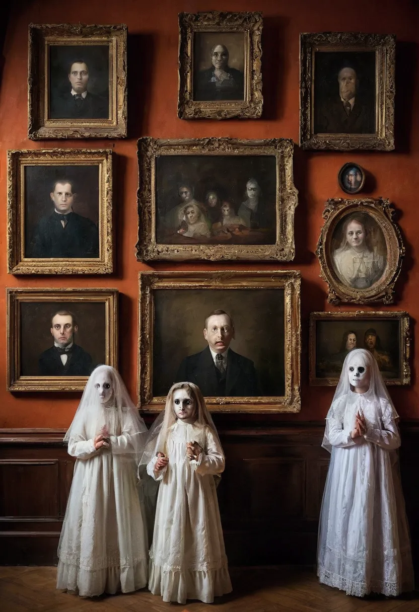 portrait gallery in a haunted castle .  the eyes of painted figures seem to follow visitors ,  their facial expressions change s...