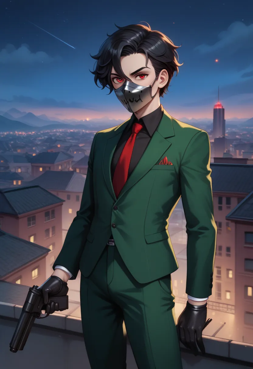 a 18-yr young man, wavy black hair, red eyes, villain, metal mask, slender, thin, slim, wearing a green suit, suspender, suspend...