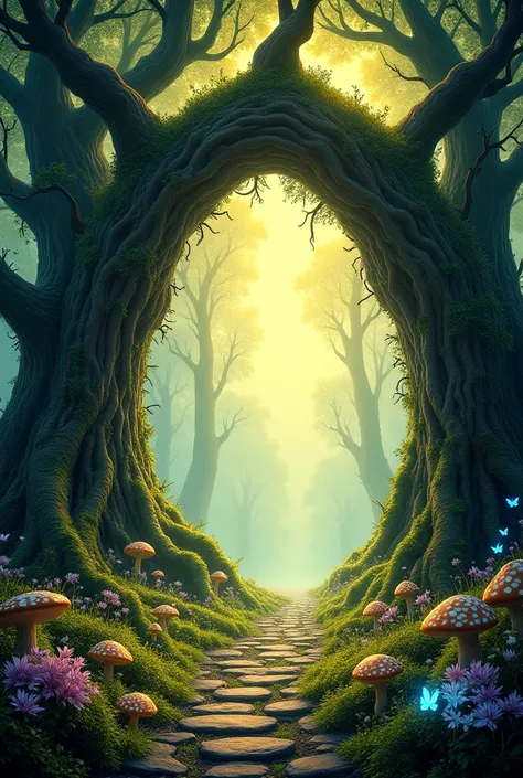 the entrance to a magical forest, where the atmosphere feels mystical and enchanted.