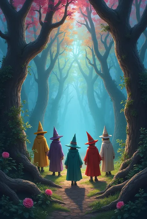 5 little wizard lost in the occult forest,colorful tree tree