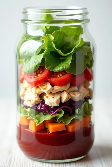 imagine a picture of a food product. this product is a glass jar containing layers of salad. the first layer consists of two lea...