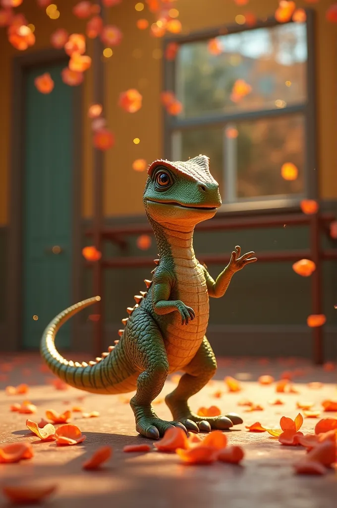 a mini dinosaur , dancing bachata ,  in the background a dance studio ,  extremely detailed 8k image ,  with petals falling from...