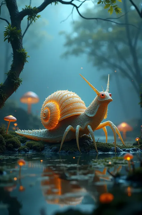 hybrid snail-scorpion creature
imagine a unique creature :  the main body is like that of a snail ,  with a translucent shell th...