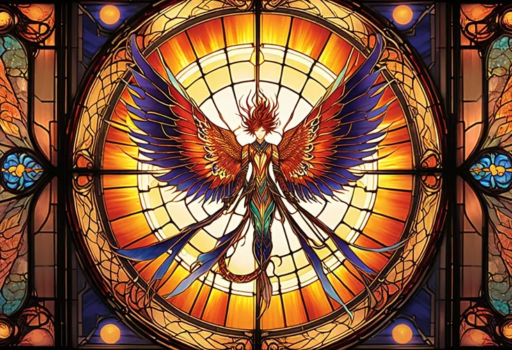 copper-colored suzaku painting and large ,copper-colored wings , solarpunk suzaku, suzaku's ascent,  stained glass art 、suzakuの ...