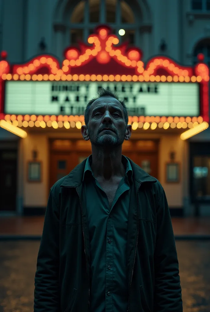 a skinny man stands crying in front of a movie theater