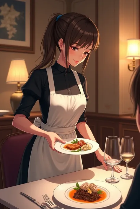 a maid serves food on the side