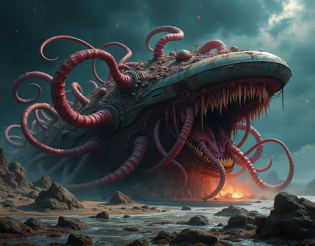 a huge monster trying to wrap around a parked space warship and try to fuse, horror, horror, vital, anatomy, tentacle, chunk of ...