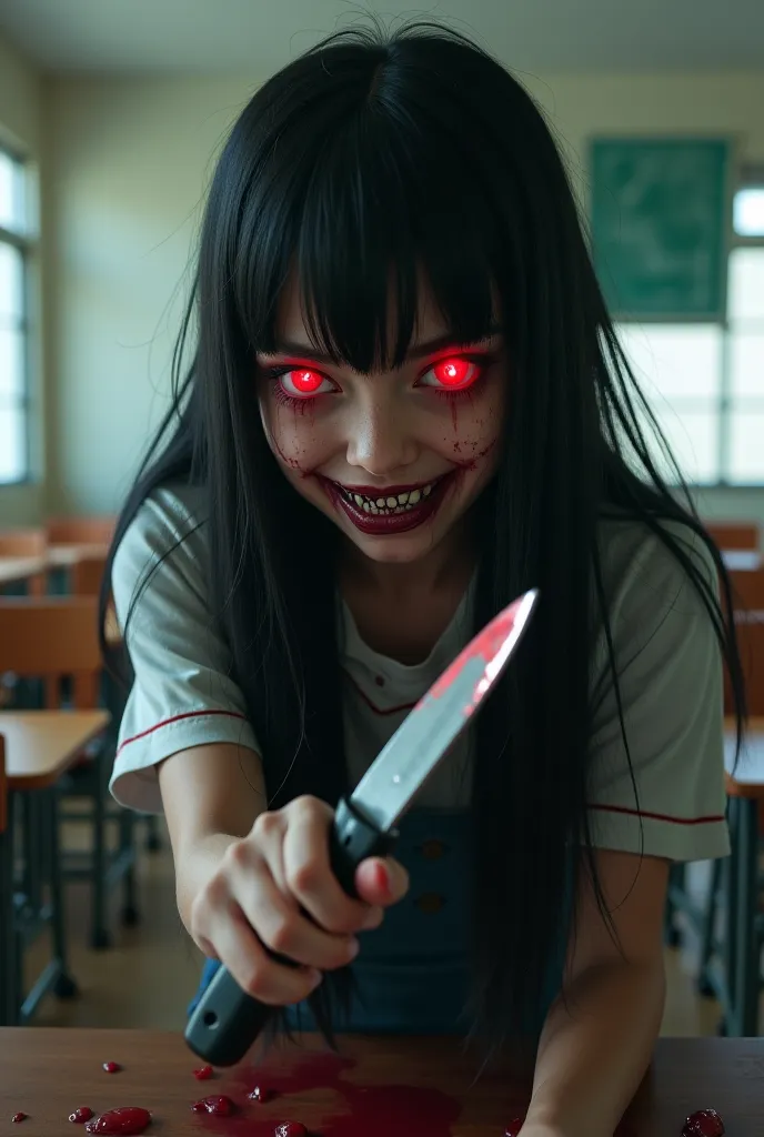 girl, long black hair, red eyes, psycho, holding knife, classroom, ahegao face.