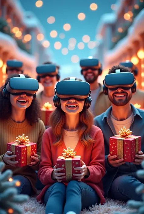 Create people with virtual glasses holding Christmas presents