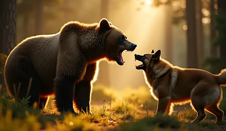 a majestic bear and a fierce dog standing face-to-face in an intense forest setting, sunlight filtering through the trees creati...