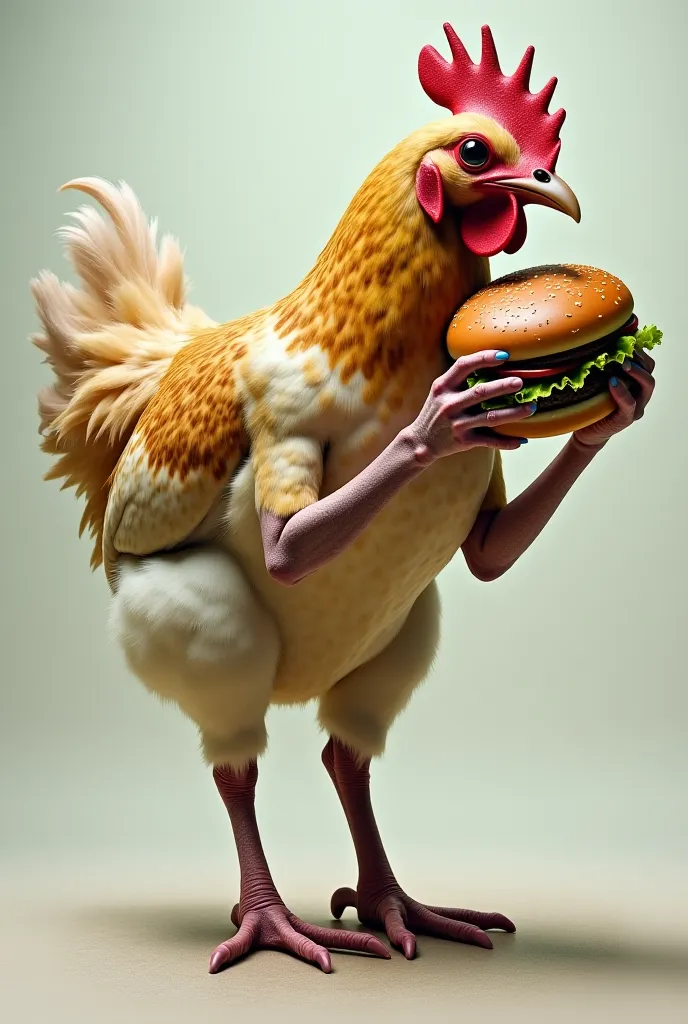 make a chicken with human leg eating hamburger with human hand