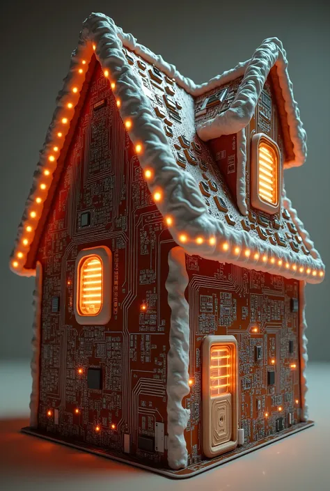 circuit paths style,Digital deity Gingerbread House composed of circuit paths,motherboard texture with glowing LED elements,silv...