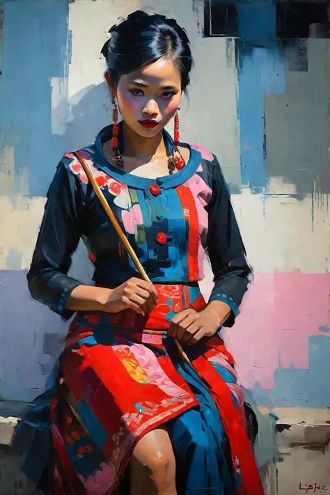 create a contemporary portrait of a beautiful kachin woman, myanmar with kachin traditional dress, black and red dress in the
ex...