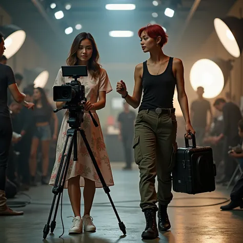 (((photorealism:1.2))), a realistic and high-quality cinematic image featuring two female characters working as a camera team on...