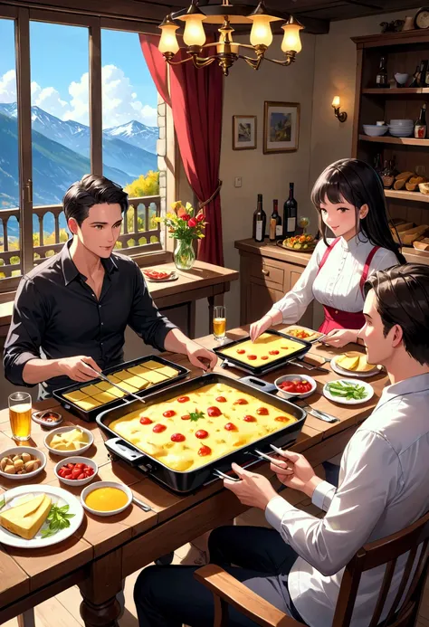 man, woman, ,  , sitting at the table and it raclette