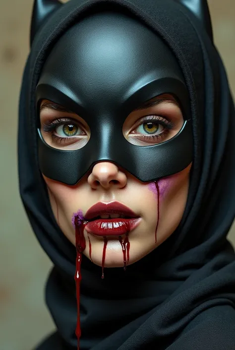 face of a beautiful Moroccan woman with Batgirl mask. a thin stream of ketchup runs from the left side of his mouth to his chin....