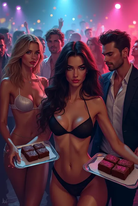 I want an image of a crazy party where hot people eating and having around brownies