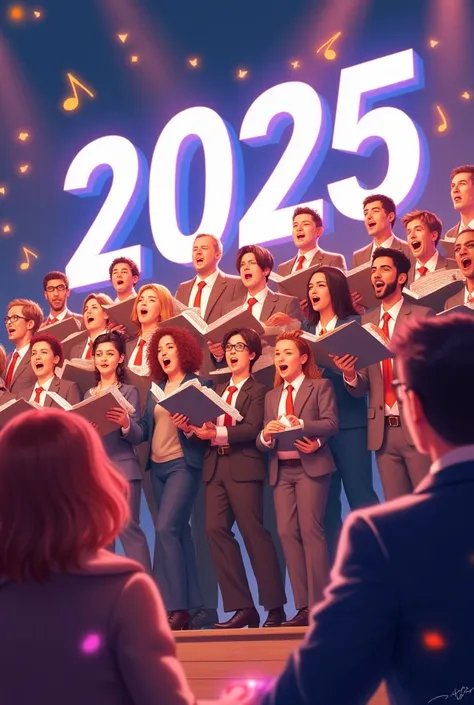 a choir with numbers 2025 happy new year and musical figures and notes singing with their folders