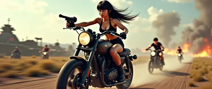 a girl is running on a motorcycle towards the battlefield wearing short skirts and short tops with guns.