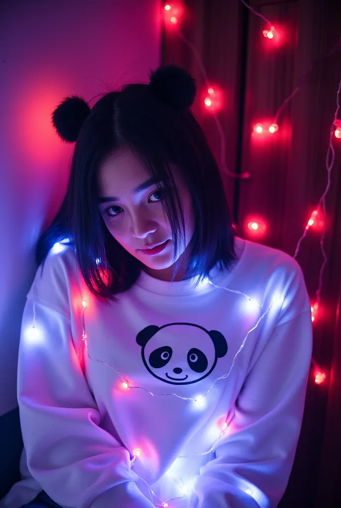 a young thai woman is wrapped in colorful string lights, glowing with vibrant colorful tones, creating a dreamy and festive atmo...