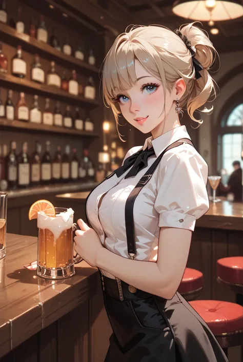 cute bartender wearing croptop with suspenders