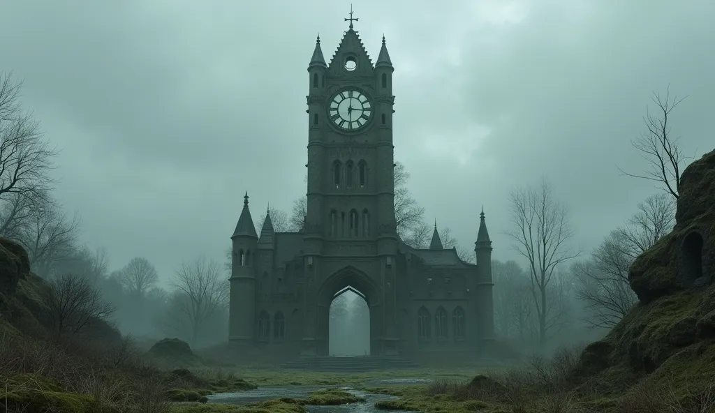 a large ruined clock tower with its hands motionless. the structure is covered in moss and cobwebs. the gray light from the clou...