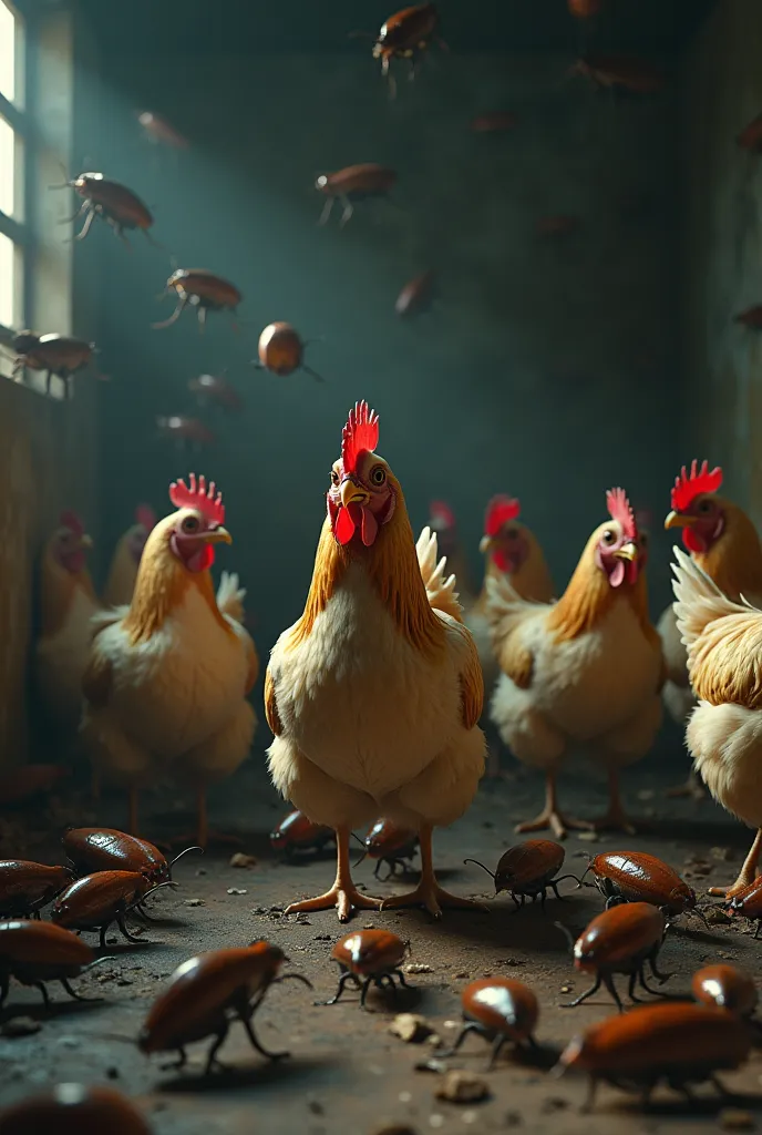 chickens with cockroaches