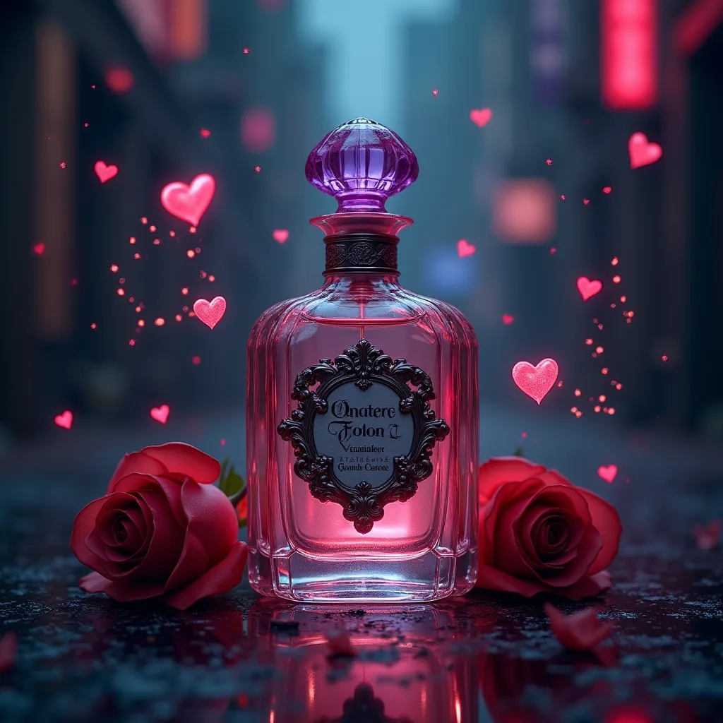 old purple perfume with floral scent and black background and swirl of red roses and hearts and colorful cyberpunk background