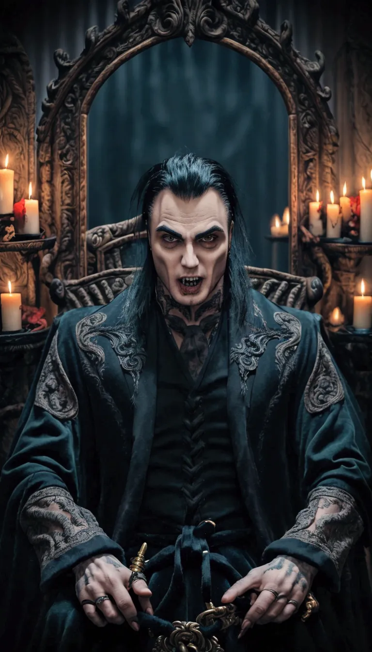 a vampire with a costume adorned in dark teal  ,   sits majestically on a golden throne   .     he is surrounded by baroque    ,...