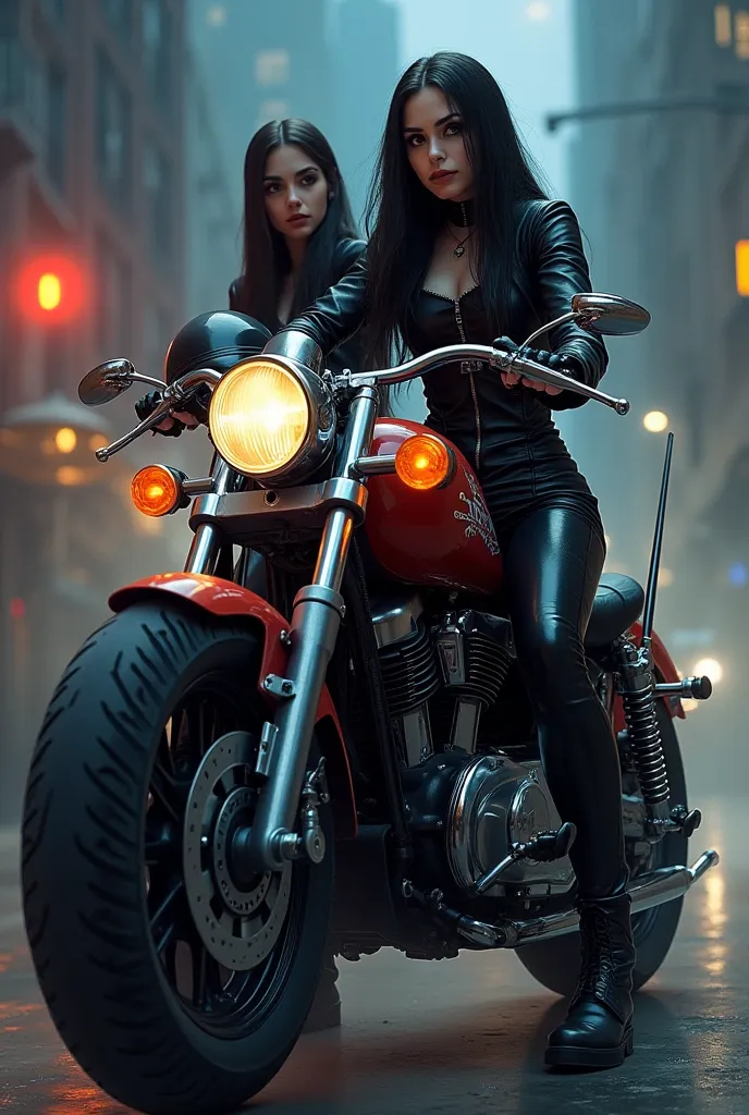 make a wednesday fanart on a motorcycle and enid on your side with a helmet in her hand