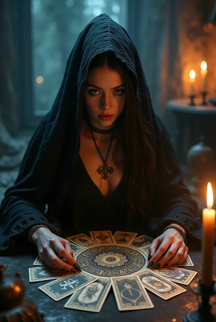 draw a witch making tarot cards and a terrifying image with candles in the background