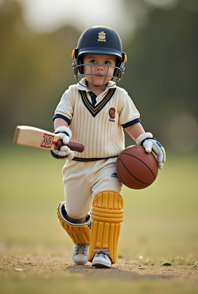 baby in a miniature football, cricket, or basketball uniform, holding tiny sports gear walking