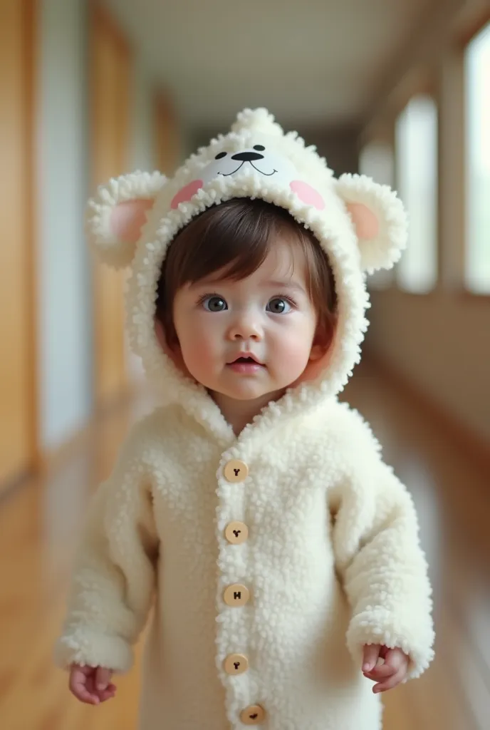 baby, ,  white skin , brown hair,  blue eyes, kigurumi is coming ,   best quality, 8k, photograph's realism, warm colors,  super...