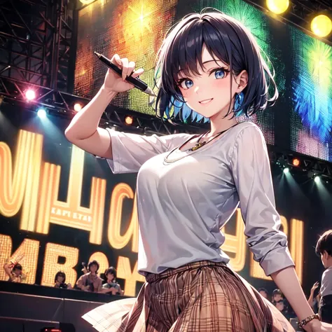 “a realistic illustration of a high school-aged idol singing on a vibrant new year’s eve concert stage. she is performing under ...