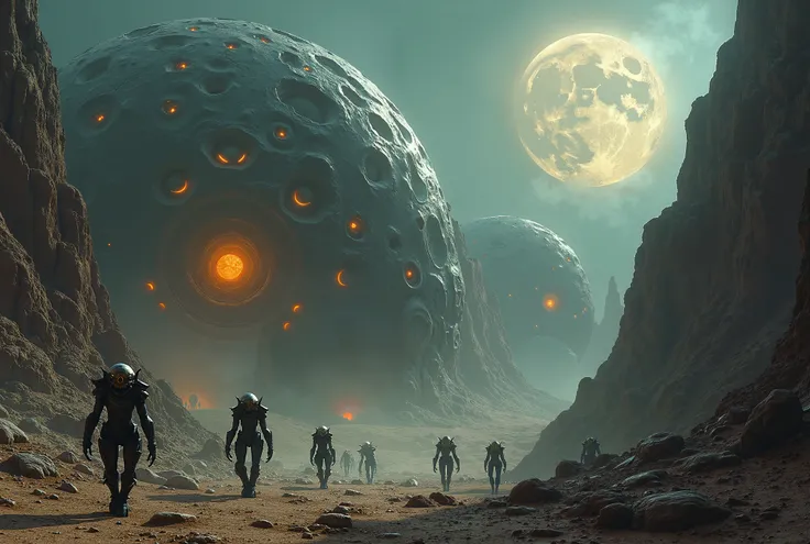 "massive alien hive city sprawls across the surface of a barren, rocky planet. the structures resemble organic, living shapes wi...