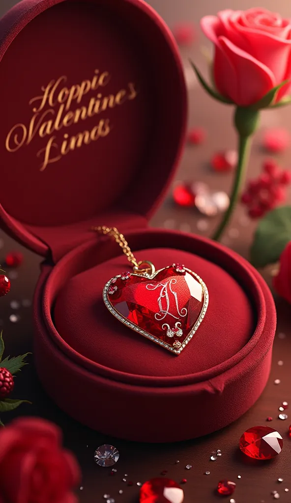 "an elegant gift box showcasing a ruby-red heart pendant inscribed with initials, surrounded by small gemstones, a deep red rose...