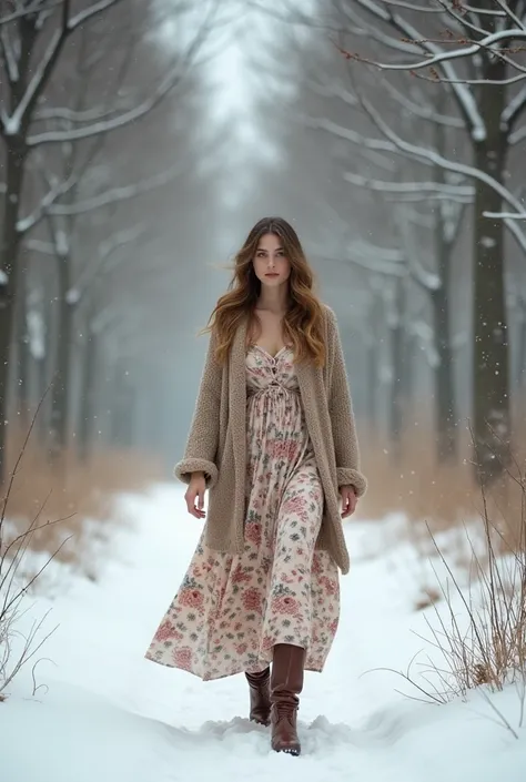 a woman in a floral maxi dress with a wool cardigan and tall boots. she is strolling through a quiet, snowy forest, evoking a co...