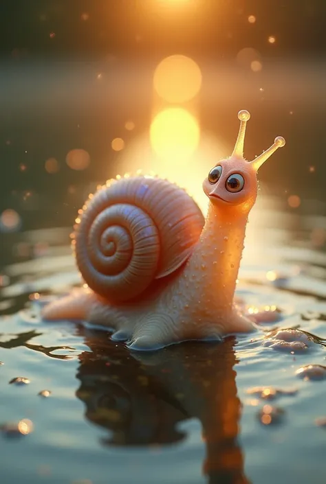 a newly hatched hybrid creature combining features of a snail and an octopus emerges at the edge of the same tranquil lake. the ...