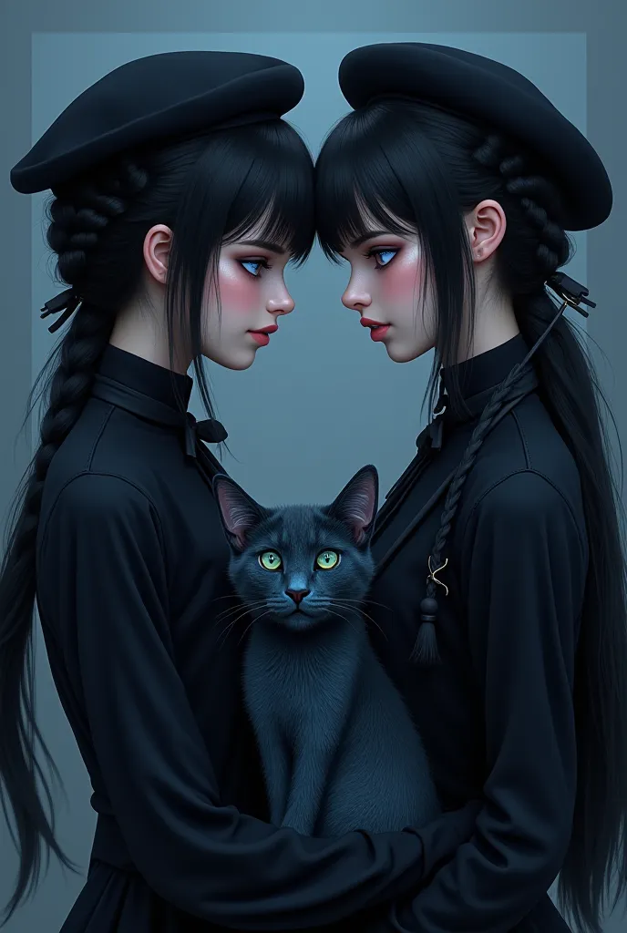 two identical-looking twins with shiny, feminine blue eyes, and a very black cat with blue fur, shyly face each other and kiss e...