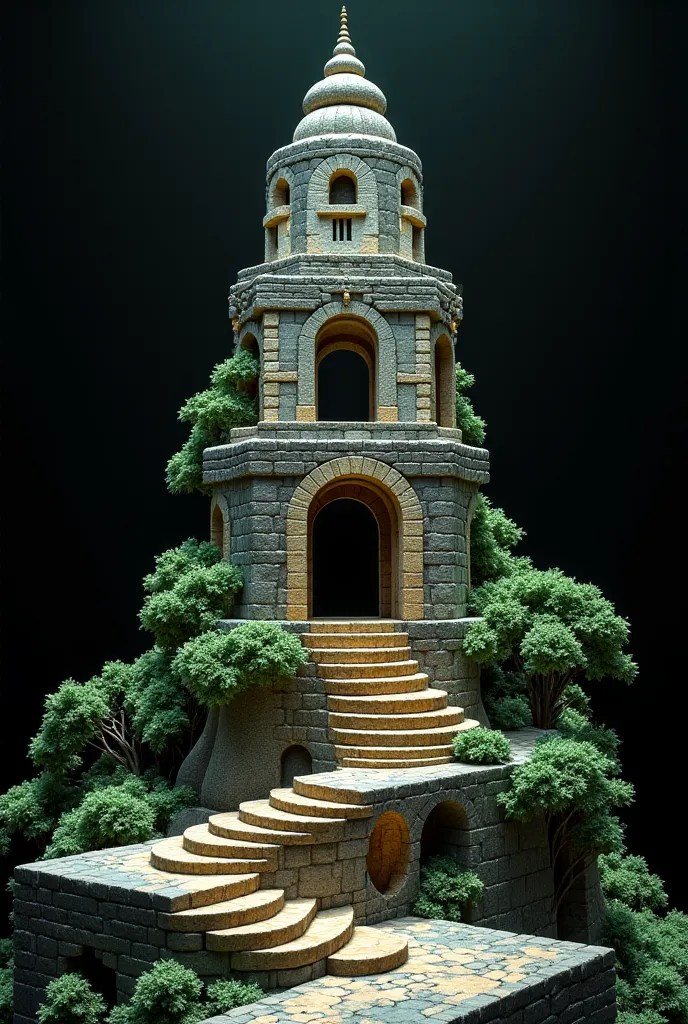 generate a scene reminiscent of a a "incan architectural tower " inspired by m.c. escher's signature style, incorporating imposs...