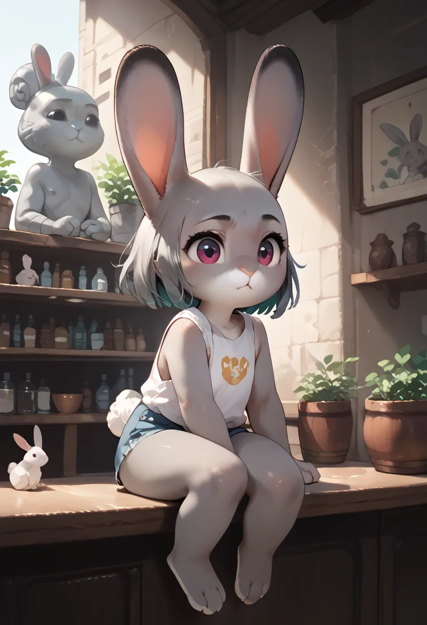 score_8 a rabbit statue with loli on sitting on a counter