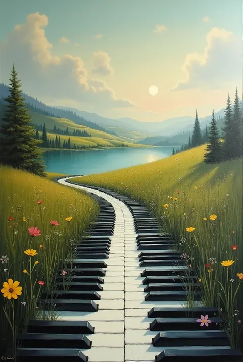 an oil painting of a landscape that mixes with the keys of a piano